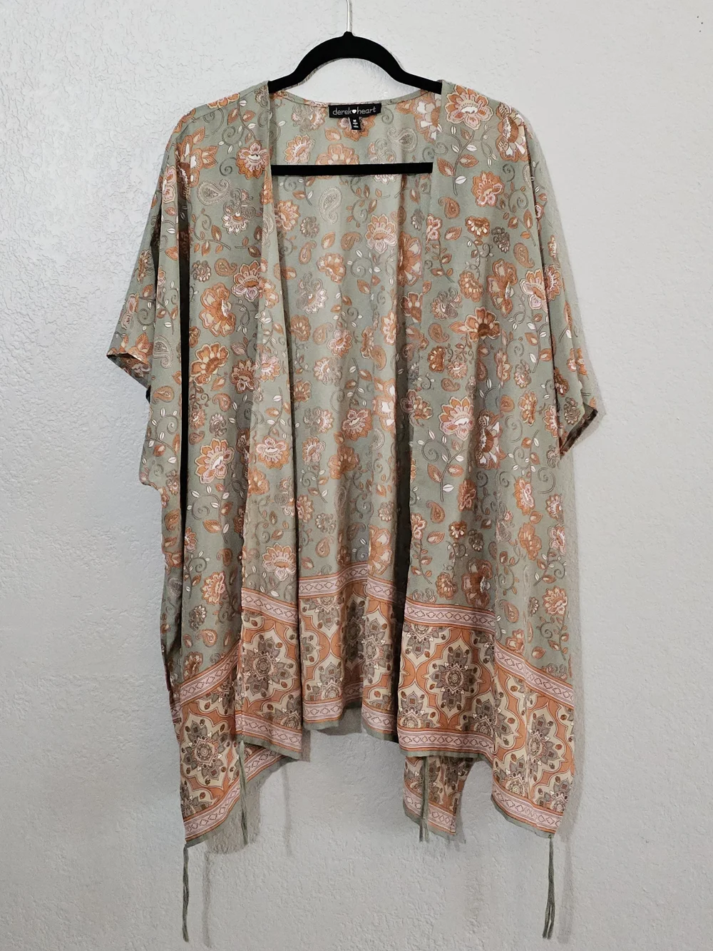 Derek Heart Light Sage & Peach Floral Kimono Womens Medium Open Front Flowy - Picture 9 of 9